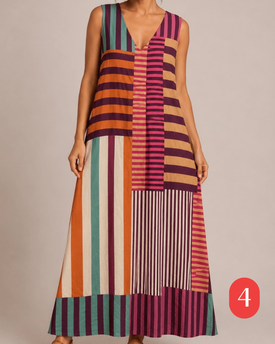 VESTIDO COM MISTURA DE RISCAS - Pé Calçado