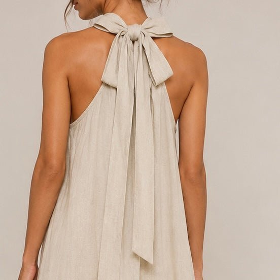 VESTIDO DE LINHO COM GOLA LAÇADA - Pé Calçado
