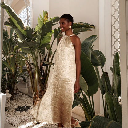 MEISÏE | VESTIDO HALTER CHAMPAGNE ACETINADO MAXI