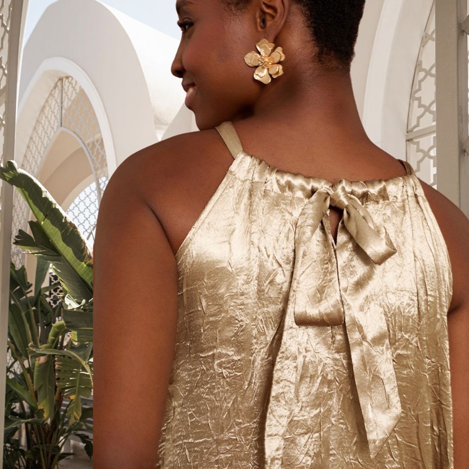 MEISÏE | VESTIDO HALTER CHAMPAGNE ACETINADO MAXI