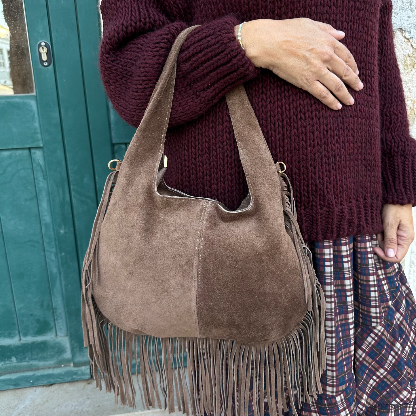 MALA EM TAUPE CASTANHA COM FRANJAS