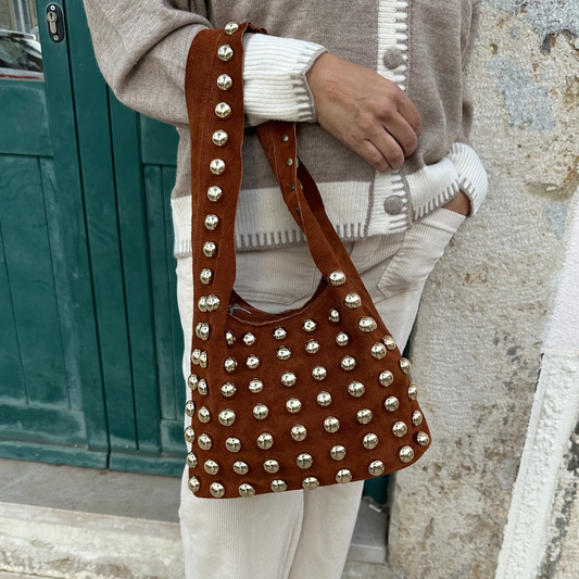 MALA DE PELE CAMEL COM TACHAS