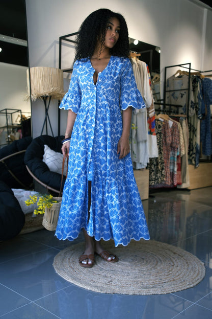 VESTIDO MAXI AZUL BORDADO INGLÊS