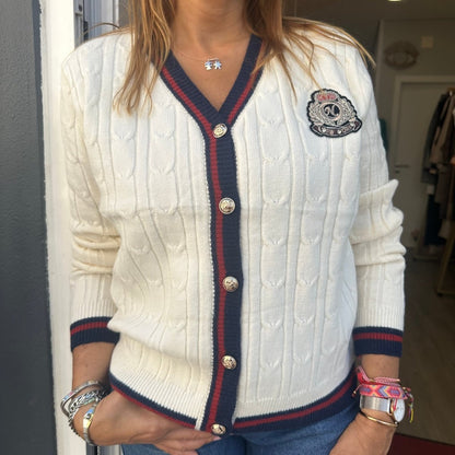 CARDIGAN DE MALHA COM EMBLEMA - Pé Calçado
