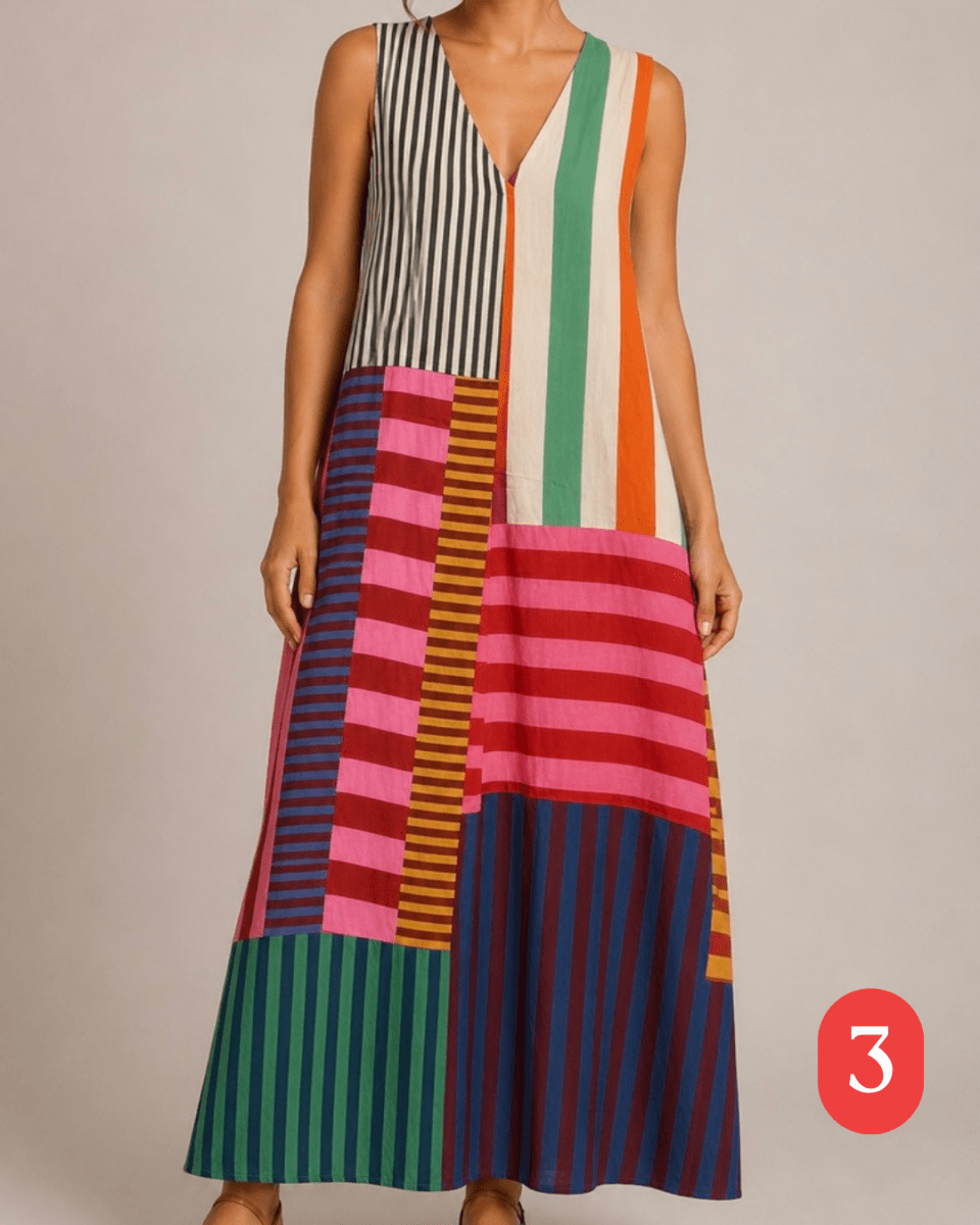 VESTIDO COM MISTURA DE RISCAS - Pé Calçado