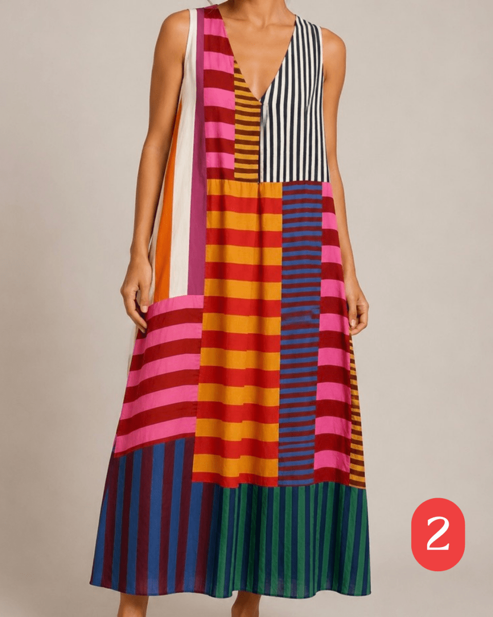 VESTIDO COM MISTURA DE RISCAS - Pé Calçado