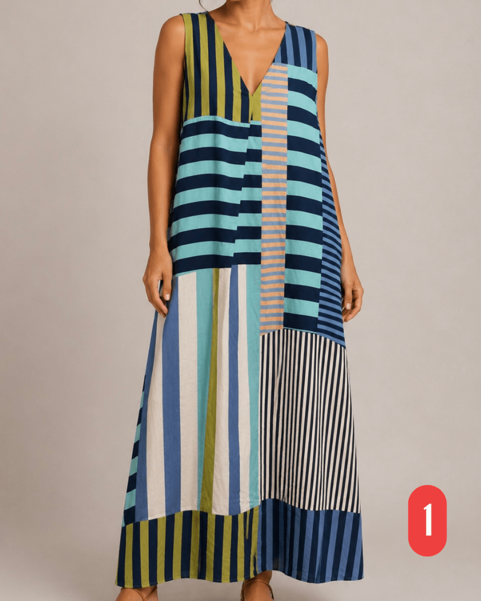 VESTIDO COM MISTURA DE RISCAS - Pé Calçado