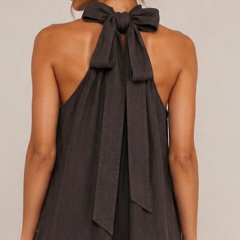 VESTIDO DE LINHO COM GOLA LAÇADA - Pé Calçado