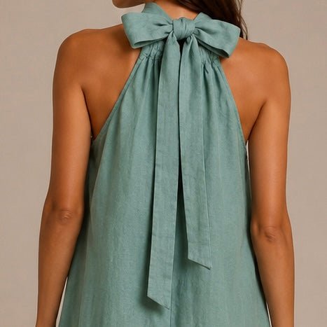 VESTIDO DE LINHO COM GOLA LAÇADA - Pé Calçado