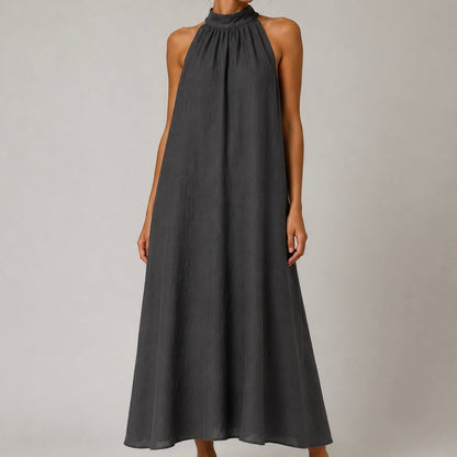 VESTIDO DE LINHO COM GOLA LAÇADA - Pé Calçado