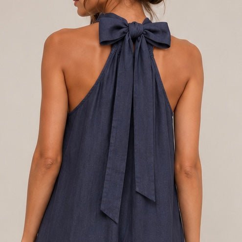 VESTIDO DE LINHO COM GOLA LAÇADA - Pé Calçado