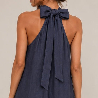 VESTIDO DE LINHO COM GOLA LAÇADA - Pé Calçado