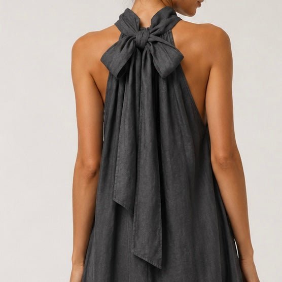 VESTIDO DE LINHO COM GOLA LAÇADA - Pé Calçado
