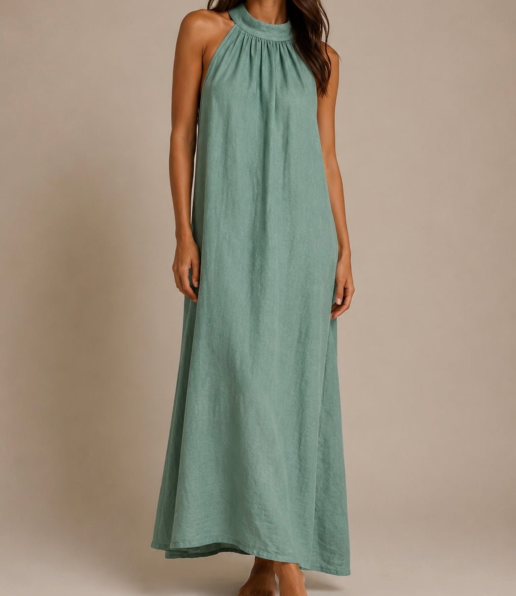 VESTIDO DE LINHO COM GOLA LAÇADA - Pé Calçado